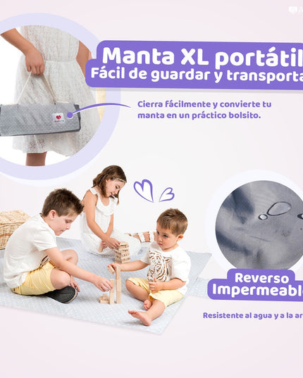 Manta de picnic y playa impermeable extra grande en color rosa de Amamantas, ideal para familias. Incluye imágenes de niños jugando sobre la manta y detalles del material resistente al agua.