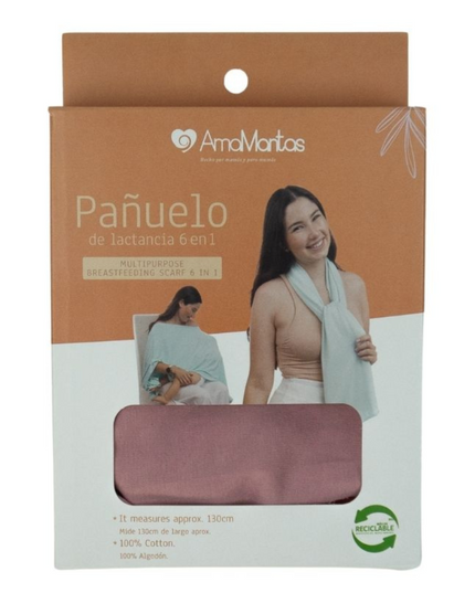 Pañuelo de lactancia 6 en 1 en color palo rosa, hecho de algodón orgánico, ideal para mamás y bebés. Amamantas.