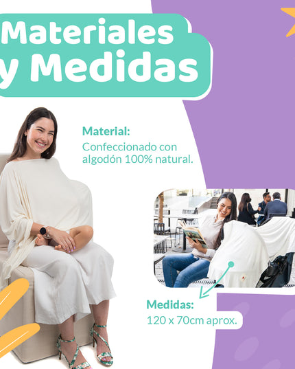 Mujer sonriente usando un pañuelo de lactancia de algodón 6 en 1 en color palo rosa de Amamantas, ideal para amamantar cómodamente.
