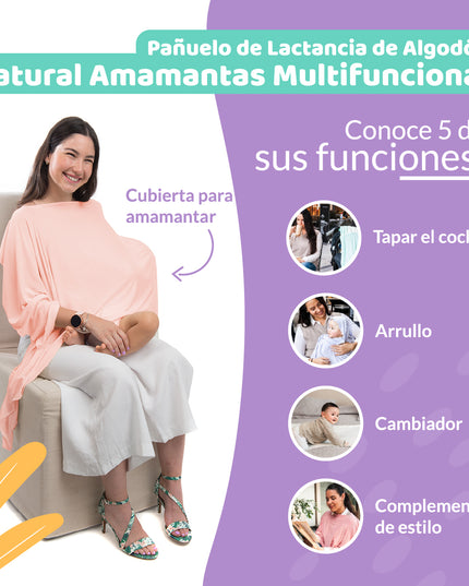 Mujer usando el pañuelo de lactancia 6 en 1 Palo Rosa de Amamantas, mostrando sus funciones como cubridor y complemento de estilo.