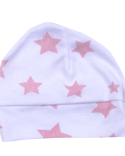 Gorro de bebé blanco con estrellas rosadas, parte del Pack Bienvenid@ al Mundo de Amamantas.