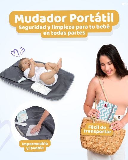 Mudador portátil grafito impermeable, ideal para cambiar a tu bebé en cualquier lugar. Incluye neceser a juego, fácil de transportar.