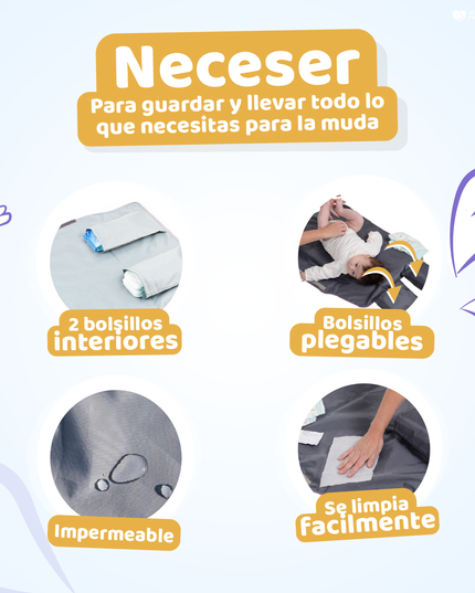 Mudador portátil y neceser impermeable en color grafito con bolsillos interiores y plegables, ideal para la muda de bebés. Incluye detalles de fácil limpieza y resistencia al agua. Producto de Amamantas.