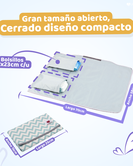 Mudador portátil y neceser impermeable grafito de Amamantas, desplegado mostrando su gran tamaño y diseño compacto al cerrarse. Incluye bolsillos de 17x23 cm.