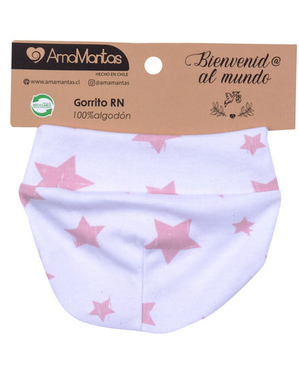 Gorrito de algodón para recién nacido en color blanco con estrellas palo rosa, ideal para la delicada piel del bebé. Amamantas.