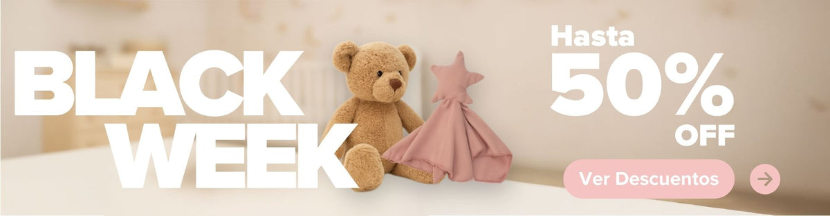 Banner de Amamantas con un osito de peluche y una mantita rosa, anuncio de Black Week con descuentos de hasta 50%.