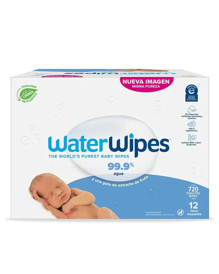 Caja de toallitas húmedas Biowaterwipes con 720 unidades, diseño blanco con detalles azules y rosados. Ideal para la piel delicada de los bebés.