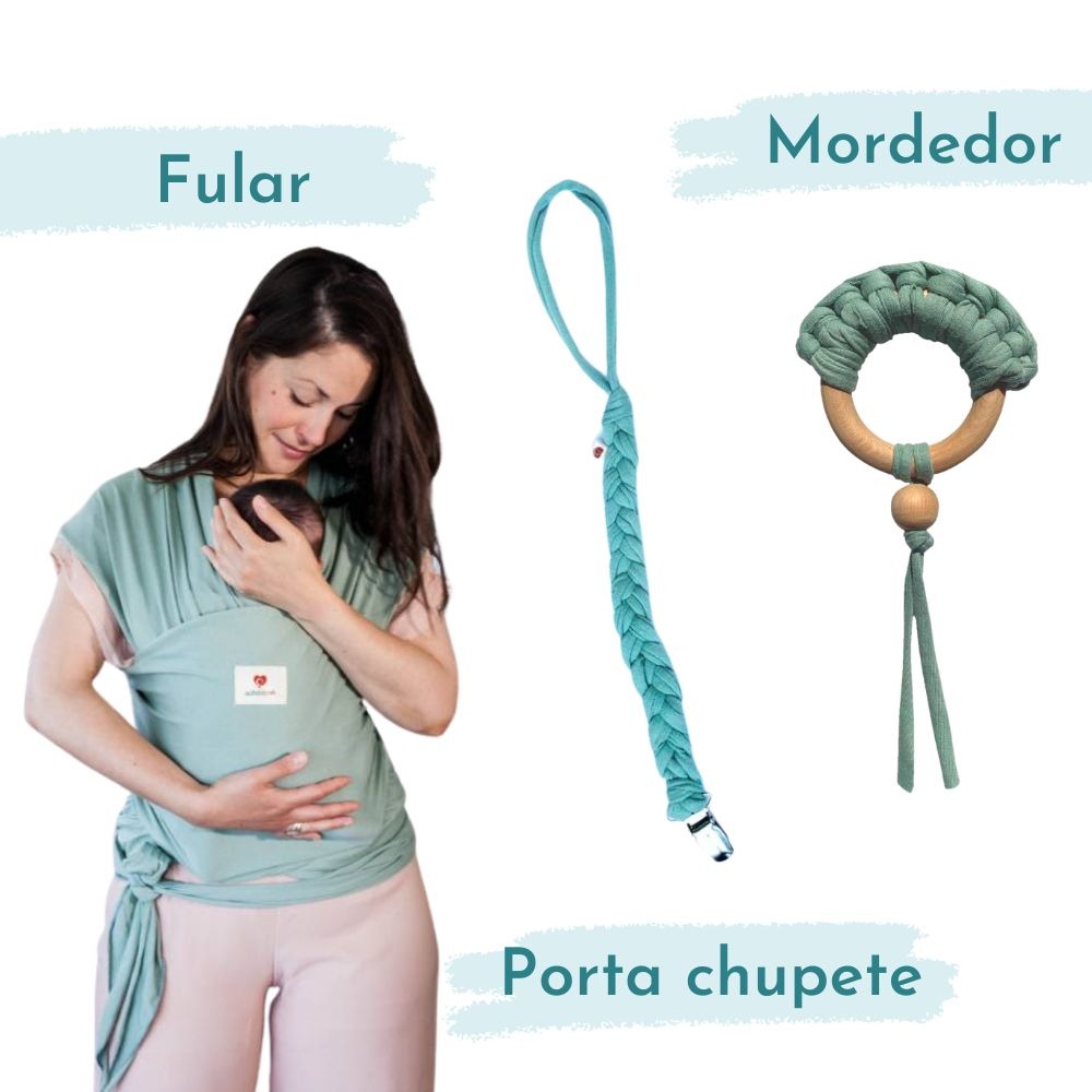 Ajuar Baby Shower (Fular + Mordedor + Portachupete) Menta